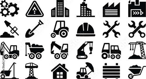 Collection of construction and industry icons on white background