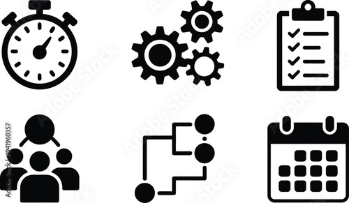 Black and white business icons set including clock gears clipboard people flowchart calendar