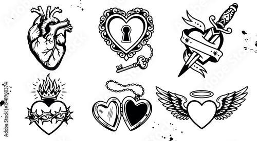 Black and white tattoo flash with anatomical heart sacred heart locked heart dagger piercing heart winged heart and heart locket designs