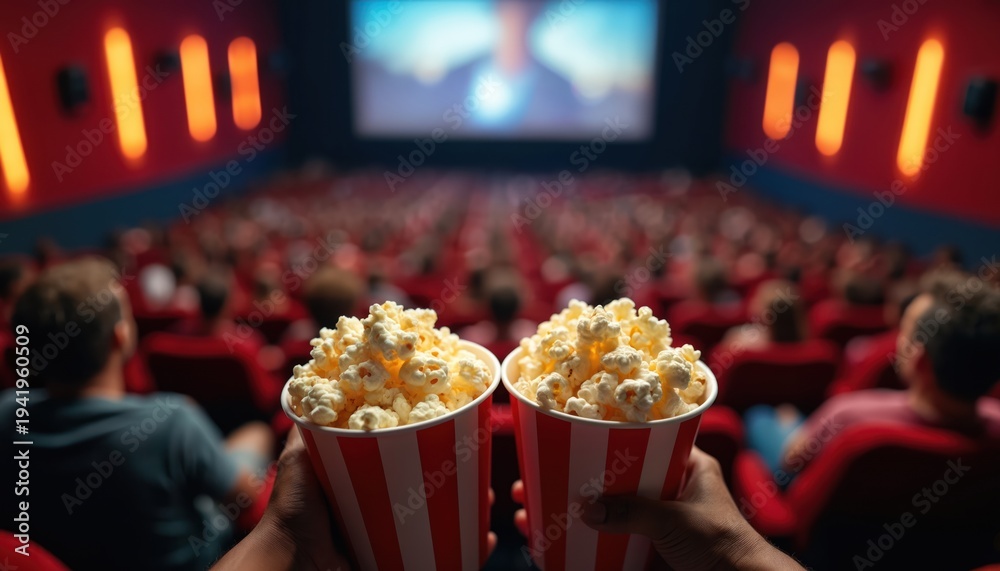 Fototapeta premium Hands hold popcorn buckets in dark cinema theatre watching movie screen. Audience in red seats enjoys film. Entertainment night out with friends and snacks.