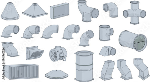 Industrial ventilation duct components set including elbows, reducers, tees, hoods and connectors for HVAC air system installation and mechanical engineering design