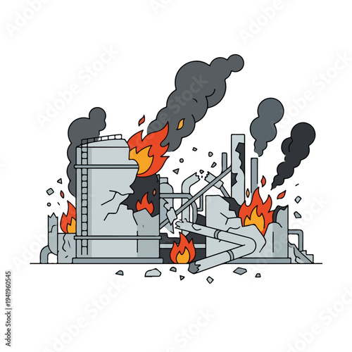 vector flat oil refinery complex explodes and burns 08