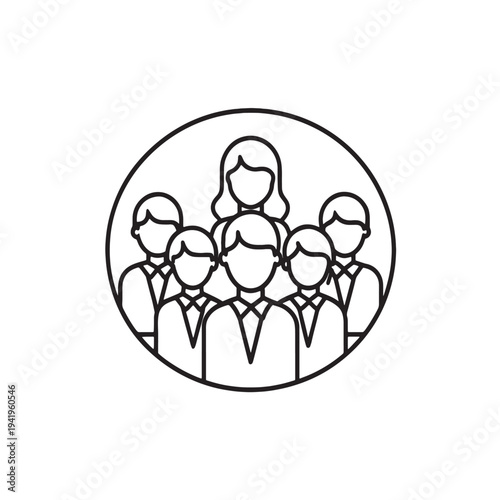 A minimalist black and white line art icon depicting a diverse group of people within a circle Vector, illustration