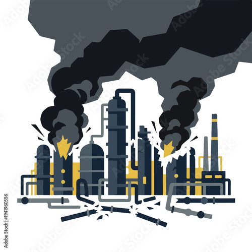vector flat oil refinery complex explodes and burns 07