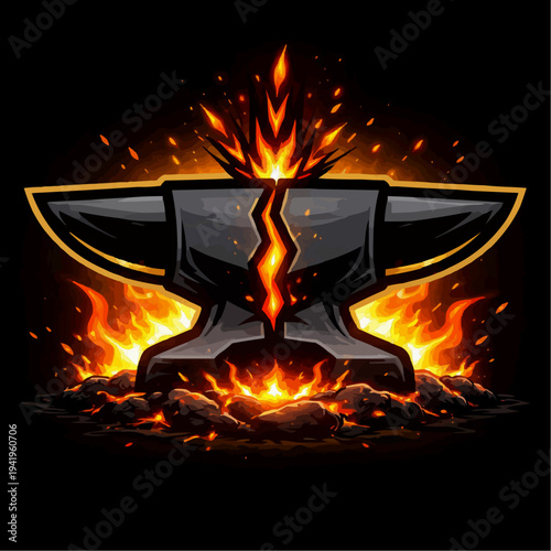Fiery anvil emblem with molten cracks and blazing sparks on a dark background creating a bold blacksmith forge logo for gaming branding metalwork and powerful industrial identity design