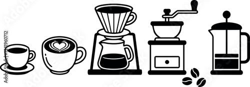 Black and white vector icons set showing coffee cup espresso latte dripper filter coffee grinder french press brewing process