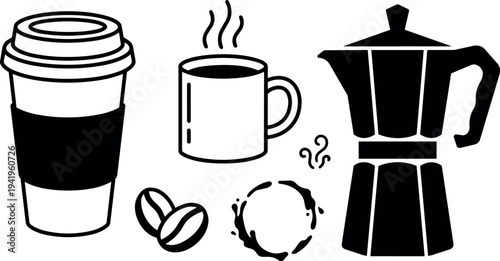 Black and white flat design coffee symbols with steaming cup coffee beans coffee ring and moka pot isolated vector art set
