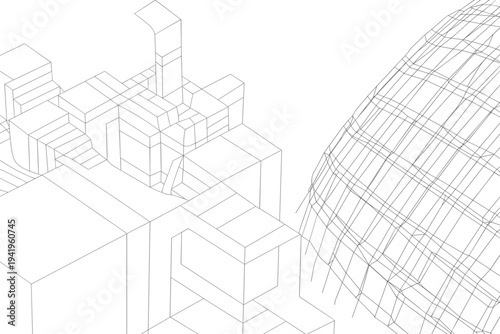 Abstract geometric architectural wireframe with cubist shapes and a curved dome structure