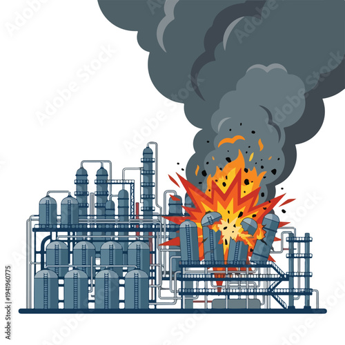 vector flat oil refinery complex explodes and burns 04