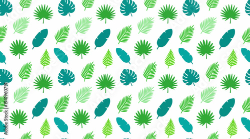 Seamless tropical leaf pattern with green and teal botanical foliage for backgrounds.