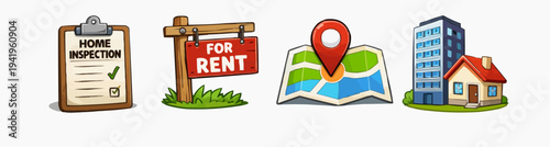 Colorful real estate icon set with mortgage document rental sign location map city buildings and home symbols for property search housing services moving apps rental listings and navigation design