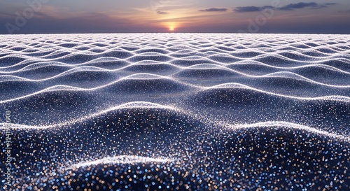 Minimal abstract sand wave landscape with glowing horizon representing peaceful desert textures, flowing earth patterns and serene natural geometry in soft sunrise light