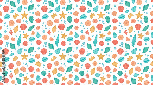 Seamless summer beach pattern with colorful seashells, starfish, and playful beach icons.