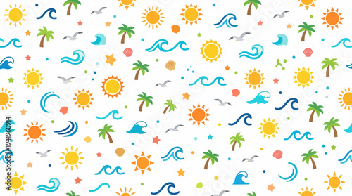 Seamless summer beach pattern with suns waves palms and playful icons.