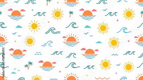 Seamless summer seaside sun and wave pattern for decorative backgrounds.