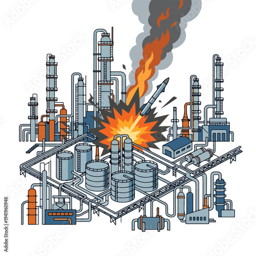 isometric vector flat oil refinery area explodes and burns 0015