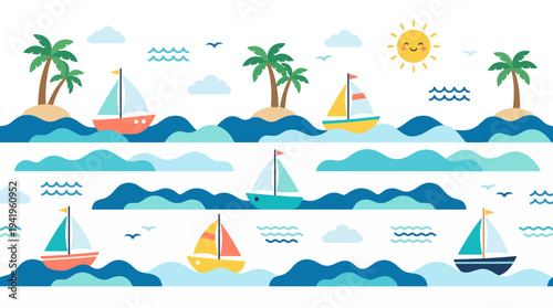 Seamless colorful nautical pattern with sailboats palm trees and waves.