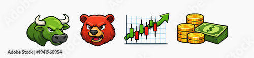 Bull and bear market icon set with price chart and cash stack representing stock trading volatility investor sentiment financial growth risk management and market analysis in a clean vector style