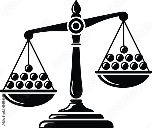 Black silhouette of a vintage weighing scale with balls in pans representing balance and justice scales of justice