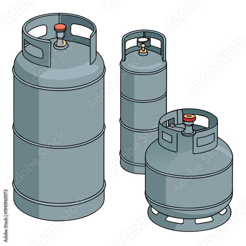 Gray lpg gas cylinders in three sizes with red and gold valves