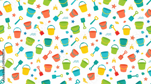 Seamless summer beach toys pattern with colorful buckets and shovels and playful icons.