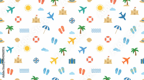 Seamless summer travel icons pattern with colorful beach and vacation motifs.