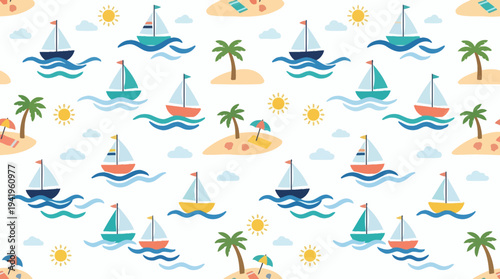 Seamless colorful nautical pattern with sailboats and tropical islands.