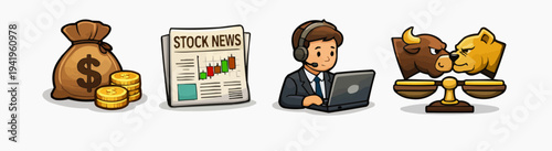Stock market news icon set with money bag newspaper trader and bull bear balance in playful cartoon style for finance media investing apps daily analysis coverage and sticker collection