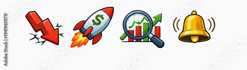 Trading alert icon set with market drop rocket growth search chart and ringing bell in playful cartoon style for investing apps stock analysis signals price notification and sticker collection