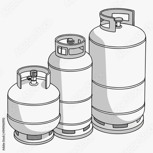 Of three L P G gas cylinders in different sizes propane