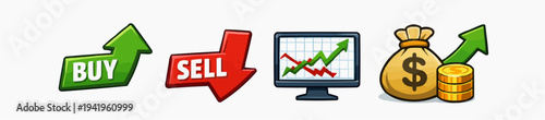 Stock trading icon set with buy sell chart and money bag in playful cartoon style for investing education market signals brokerage branding profit strategy and isolated sticker collection