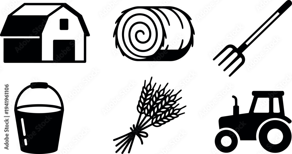 Fototapeta premium Black silhouette farm barn hay bale pitchfork bucket wheat tractor icons simple vector design isolated on white background