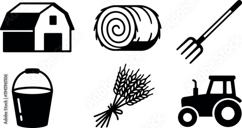Black silhouette farm barn hay bale pitchfork bucket wheat tractor icons simple vector design isolated on white background