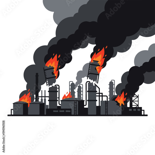 vector flat oil refinery complex explodes and burns 01