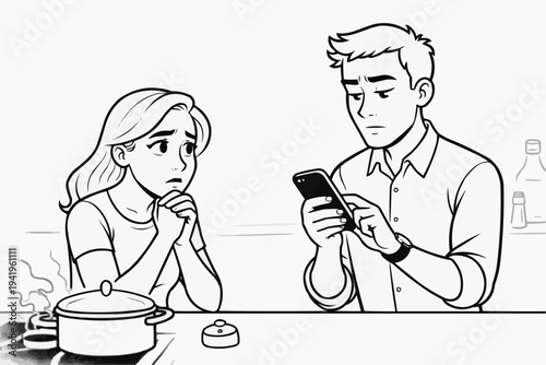 Upset woman ignored by partner using smartphone in line illustration about relationship conflict poor communication emotional distance technology distraction and home life tension and neglect