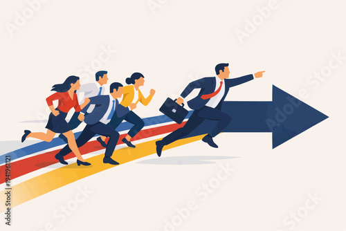 Business team running together on an upward arrow in flat illustration symbolizing leadership teamwork growth ambition career success strategic direction momentum and shared corporate goals