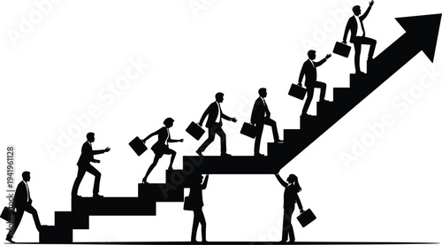 Business people silhouettes climbing stairs with briefcase in a black and white representing career advancement and success