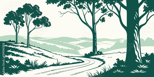 Forest Pathway to Hills Flat Vector Illustration 