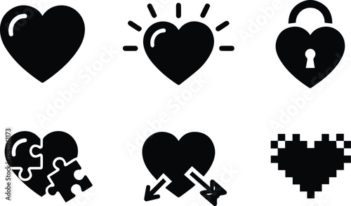 Collection of six heart icons in various styles and states