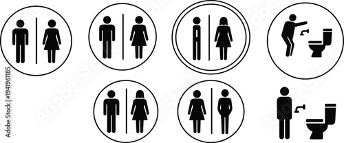 Collection of black and white representing male and female restroom signs and toilet usage symbols