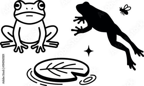 Minimalist vector art of frog sitting lily pad jumping silhouette with insect and water ripples in black and white style