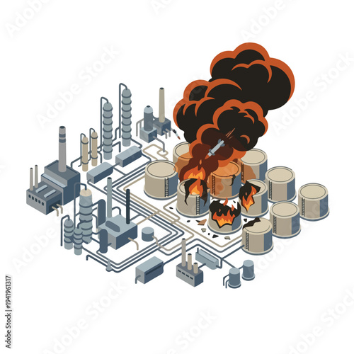 isometric vector flat oil refinery area explodes and burns 09