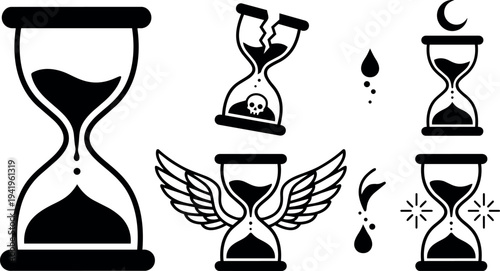 Minimalist black hourglass icons set with skull broken sand timer wings moon and sparkles simple vector art