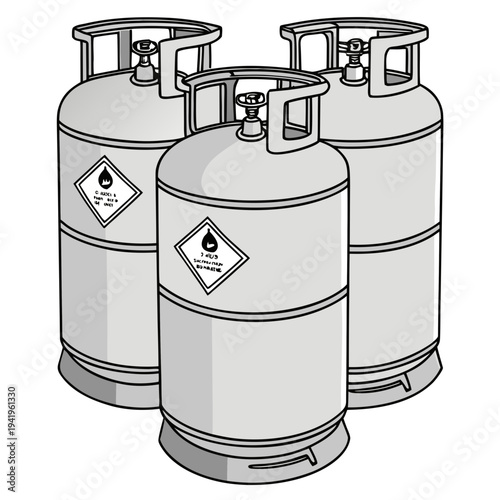 Gray gas cylinders with warning labels propane tanks
