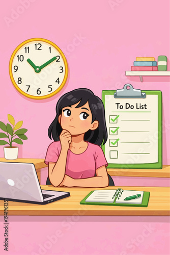 Young woman sitting at a desk with a to do list wall clock and laptop in a colorful productivity illustration representing time management study planning and organized daily routines
