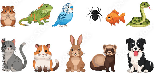 Cute Pet and Animal Icons Set Featuring Guinea Pig, Snake, Fish, Cat, Rabbit, and More for Kids' Pet Designs