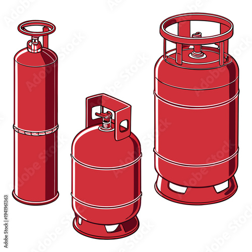 Red gas cylinders in different sizes and shapes propane tanks