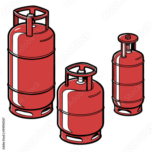 Red gas cylinders in different sizes propane tanks