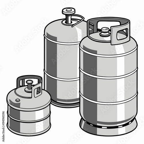 Three gray propane fuel cylinders with handles and valves