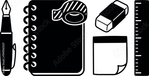 Black and white flat design vector of fountain pen notebook masking tape eraser sticky notes and ruler office supplies icons set